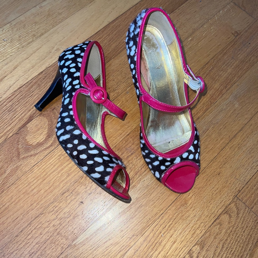 J. Crew Kenzie Vintage Calf Hair Peep Toe Mary Jane Heels in Fuchsia Size 7.5